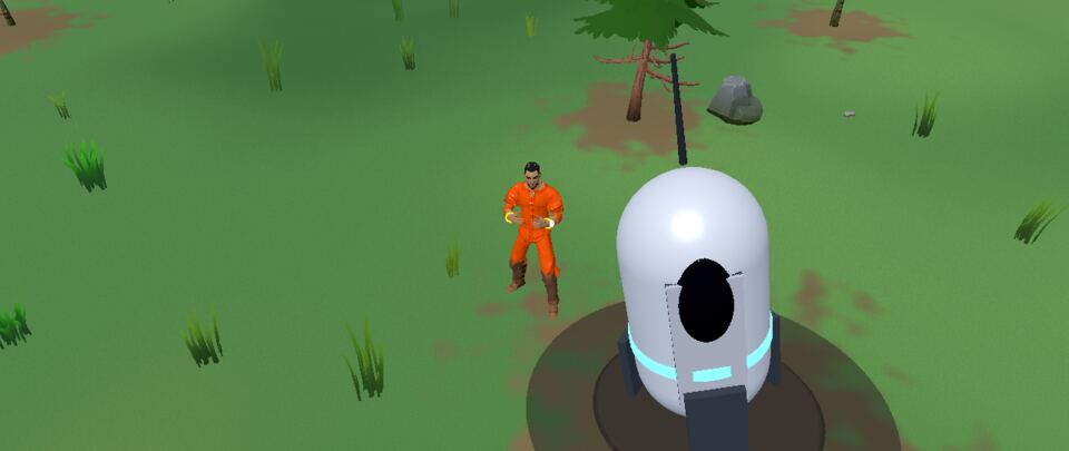 The time traveler in an orange jumpsuit standing beside his crashed white capsule on a grassy field
