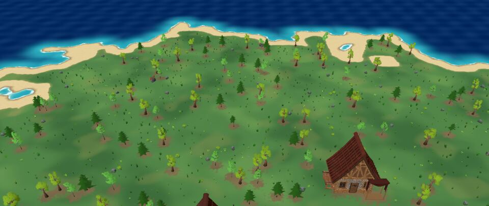 A forested island seen from above, with two timber-framed houses near the beach